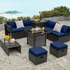 Tangkula 9 Pieces Patio Furniture Set with 50,000 BTU Propane Fire Pit Table