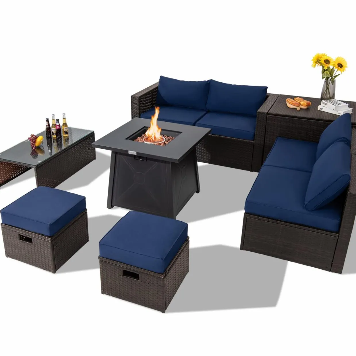 Tangkula 9 Pieces Patio Furniture Set with 30" Propane Fire Pit Table