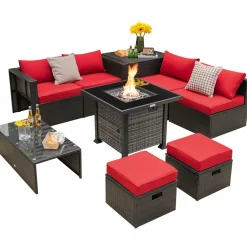 Tangkula 9 Pieces Patio Furniture Set with 50,000 BTU Propane Fire Pit Table