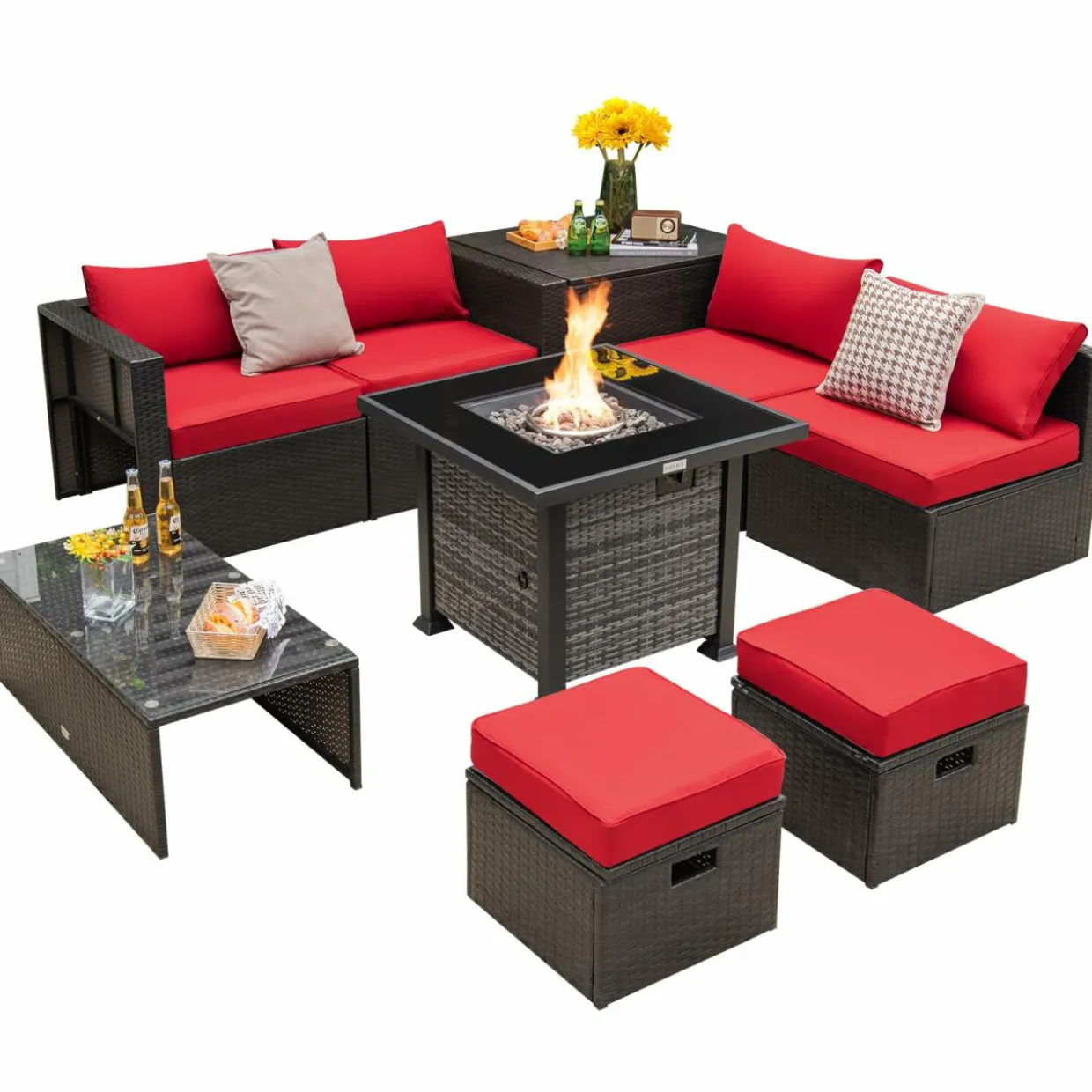 Tangkula 9 Pieces Patio Furniture Set with 50,000 BTU Propane Fire Pit Table