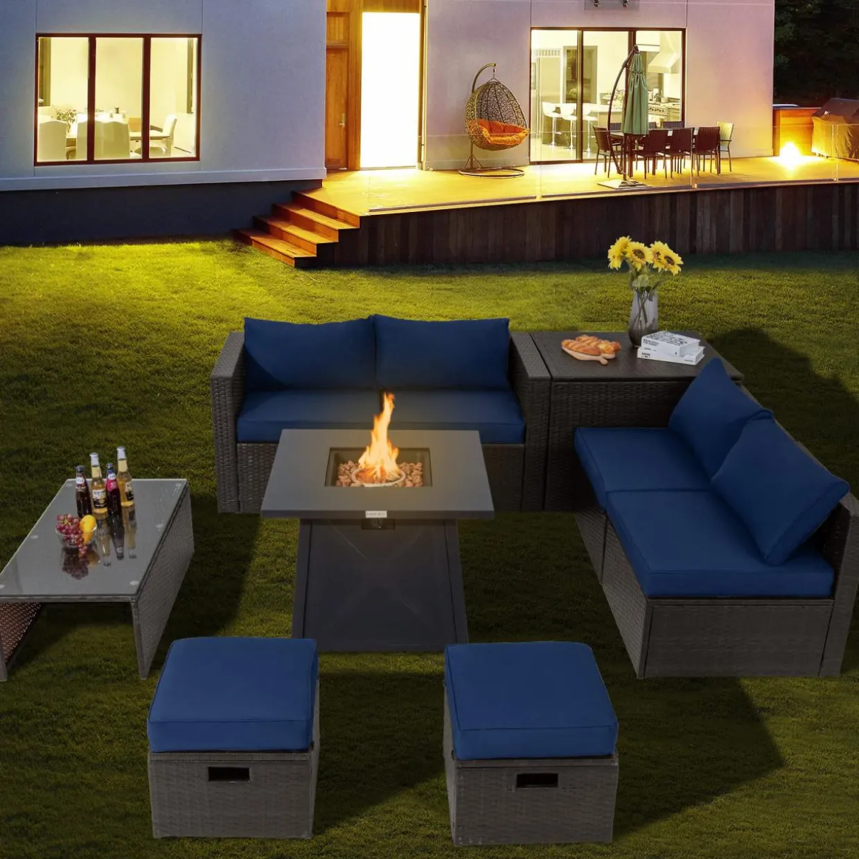 Tangkula 9 Pieces Patio Furniture Set with 30" Propane Fire Pit Table