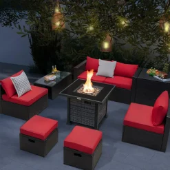 Tangkula 9 Pieces Patio Furniture Set with 50,000 BTU Propane Fire Pit Table
