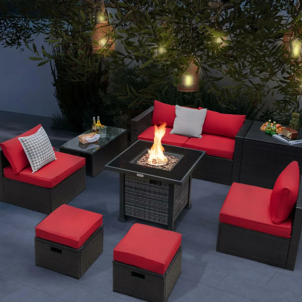Tangkula 9 Pieces Patio Furniture Set with 50,000 BTU Propane Fire Pit Table