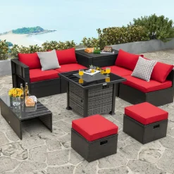 Tangkula 9 Pieces Patio Furniture Set with 50,000 BTU Propane Fire Pit Table