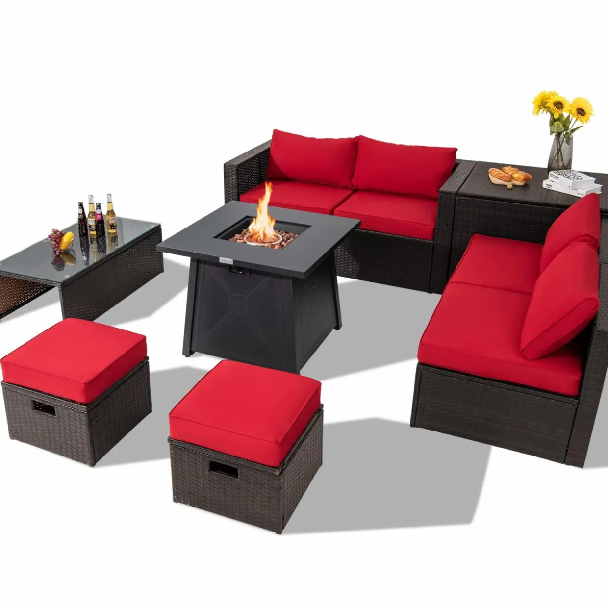 Tangkula 9 Pieces Patio Furniture Set with 30" Propane Fire Pit Table