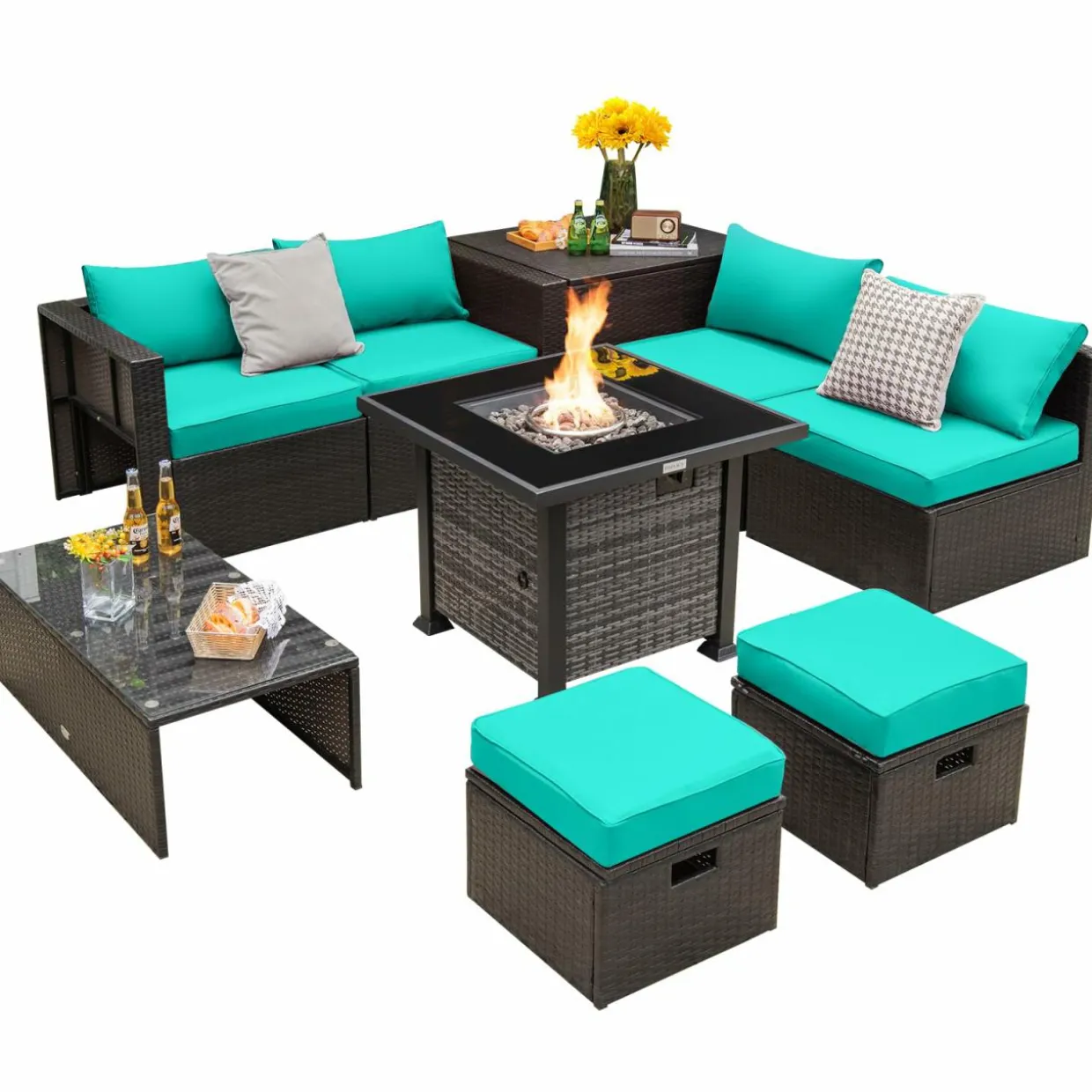 Tangkula 9 Pieces Patio Furniture Set with 50,000 BTU Propane Fire Pit Table