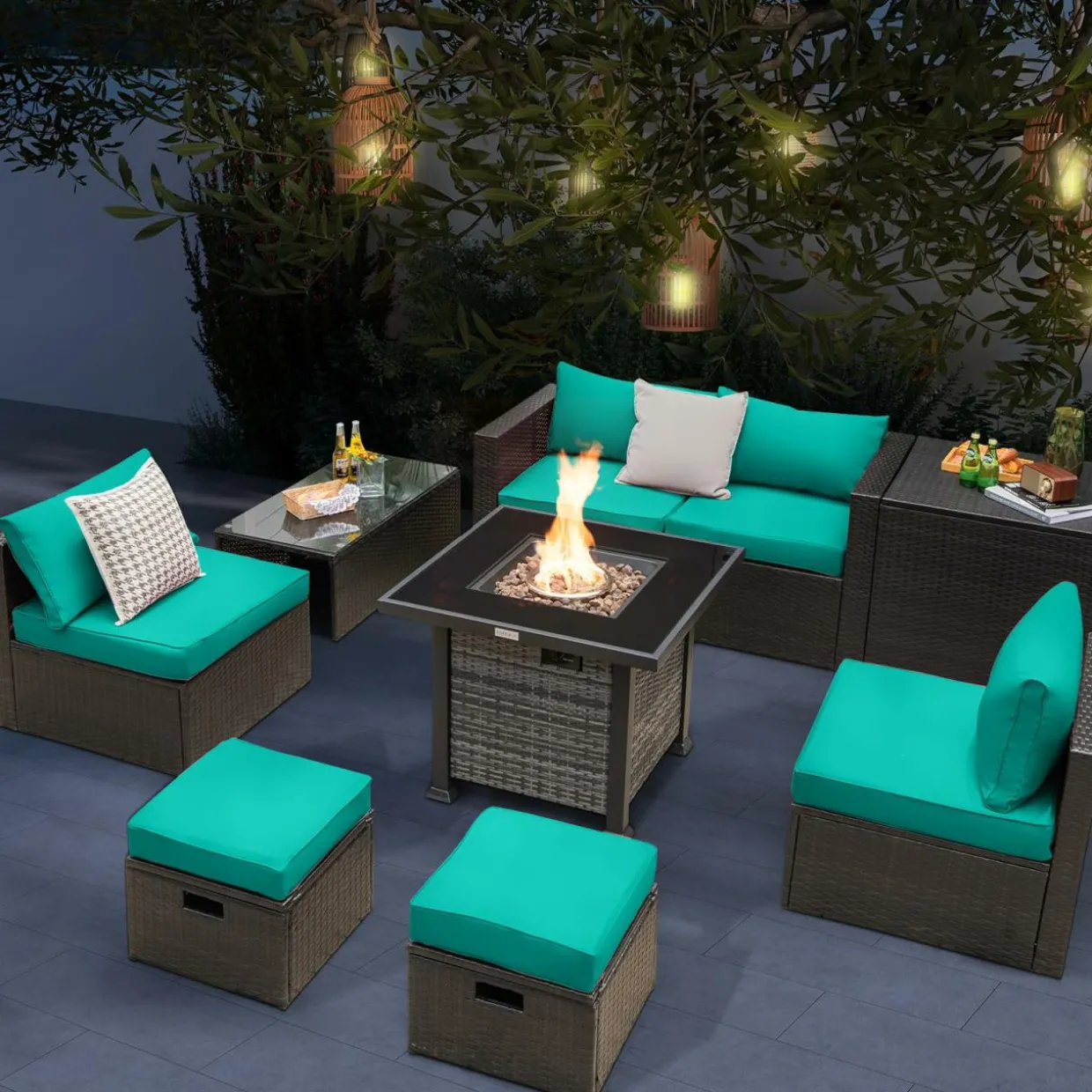 Tangkula 9 Pieces Patio Furniture Set with 50,000 BTU Propane Fire Pit Table