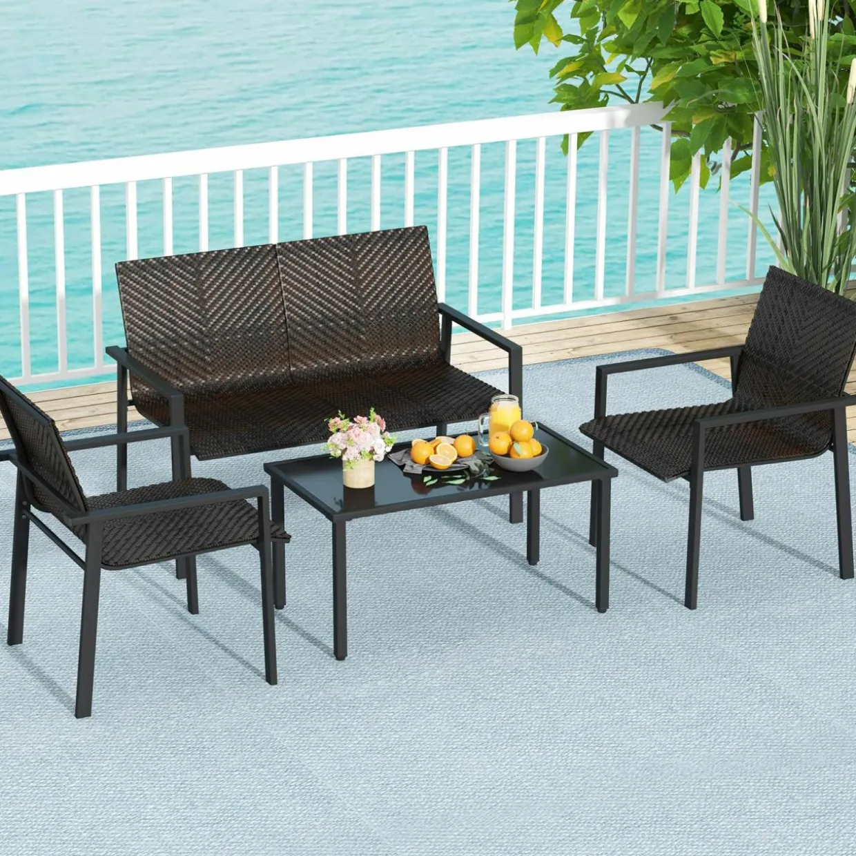 Tangkula 4 Pieces Patio Furniture Set, Patiojoy Heavy Duty Galvanized Metal Frame Outdoor Wicker Table and Chairs Set