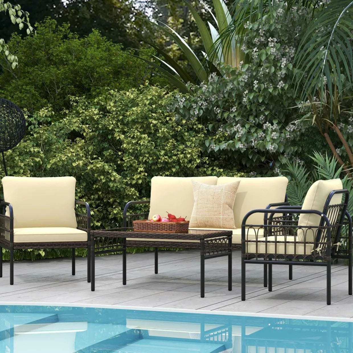 Tangkula 4 Pieces Patio Furniture Set, Outdoor Wicker Conversation Bistro Set