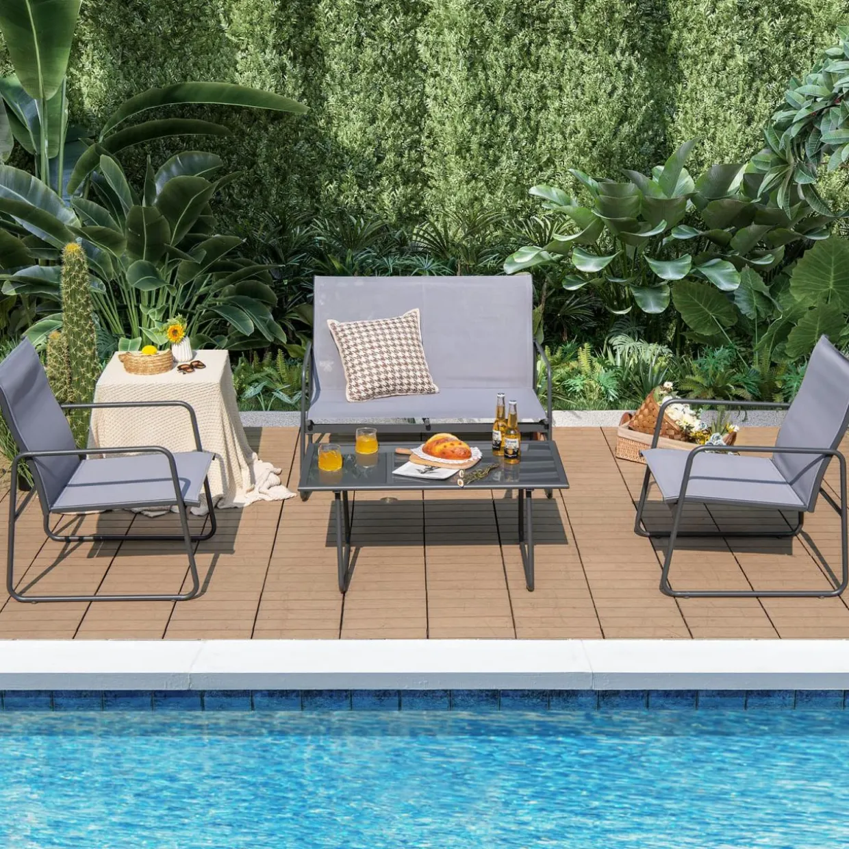 Tangkula 4 Pieces Patio Furniture Set with Tempered Glass Coffee Table (Gray)