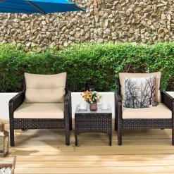 Tangkula 3 Pieces Patio Furniture Set Outdoor Rattan Wicker Coffee Table & Chairs Set with Seat Cushions