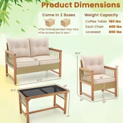 Tangkula 4 Pieces Patio Furniture Set, Outdoor PE Wicker Conversation Bistro Set with Acacia Wood Frame
