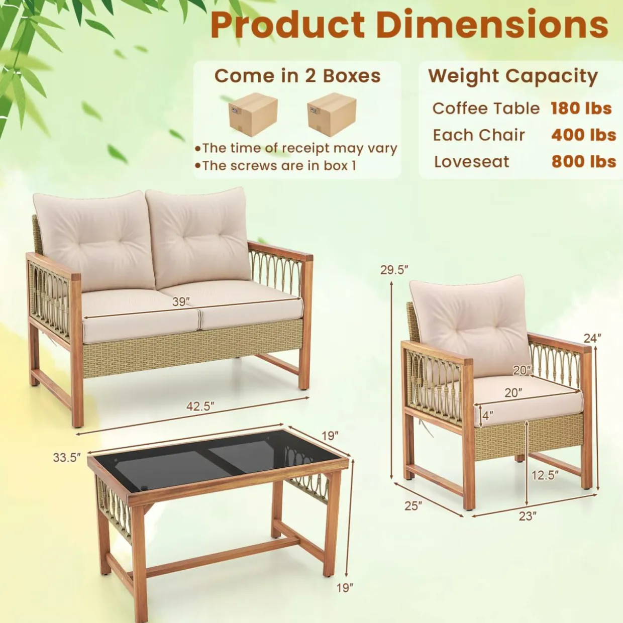 Tangkula 4 Pieces Patio Furniture Set, Outdoor PE Wicker Conversation Bistro Set with Acacia Wood Frame