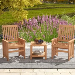 Tangkula 3 Pieces Patio Furniture Set with 1.5” Umbrella Hole, Hardwood Table and Chairs Set, for Porch, Backyard, Poolside