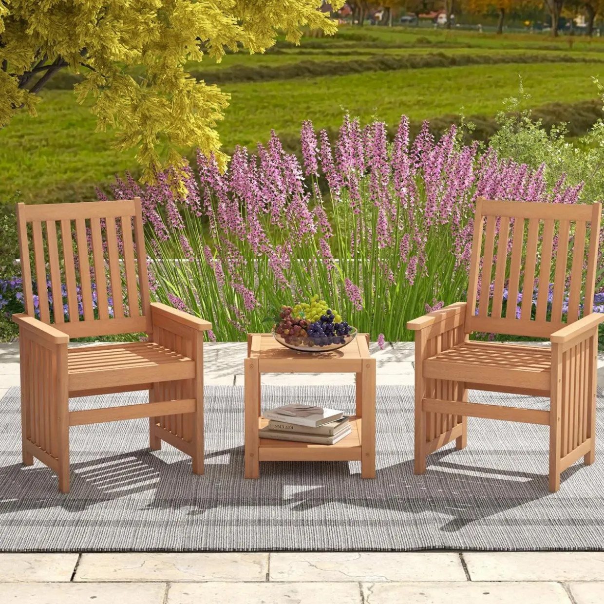 Tangkula 3 Pieces Patio Furniture Set with 1.5” Umbrella Hole, Hardwood Table and Chairs Set, for Porch, Backyard, Poolside