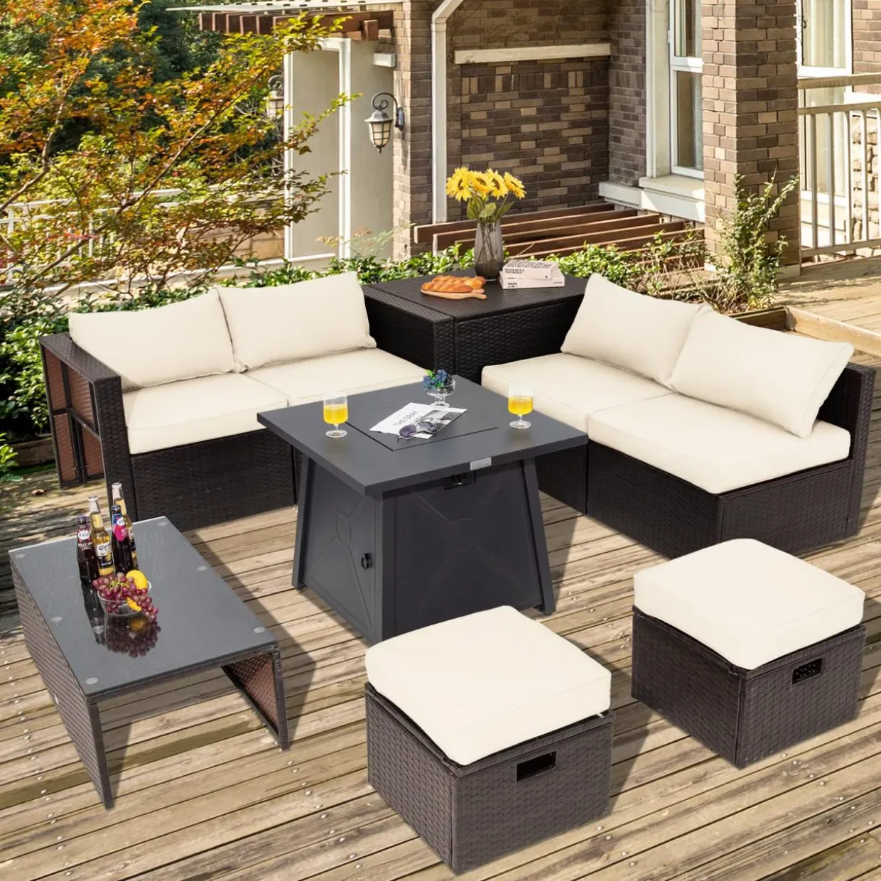 Tangkula 9 Pieces Patio Furniture Set with 30" Propane Fire Pit Table