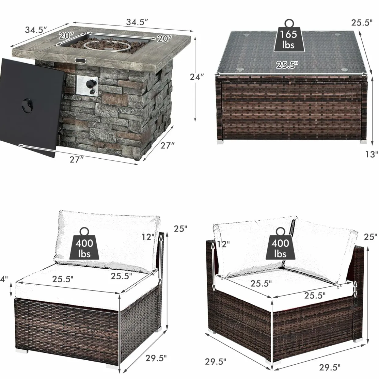 Tangkula 7 Pieces Patio Furniture Set with 50,000 BTU Fire Pit Table, Outdoor PE Wicker Conversation Sofa Set with Cushions