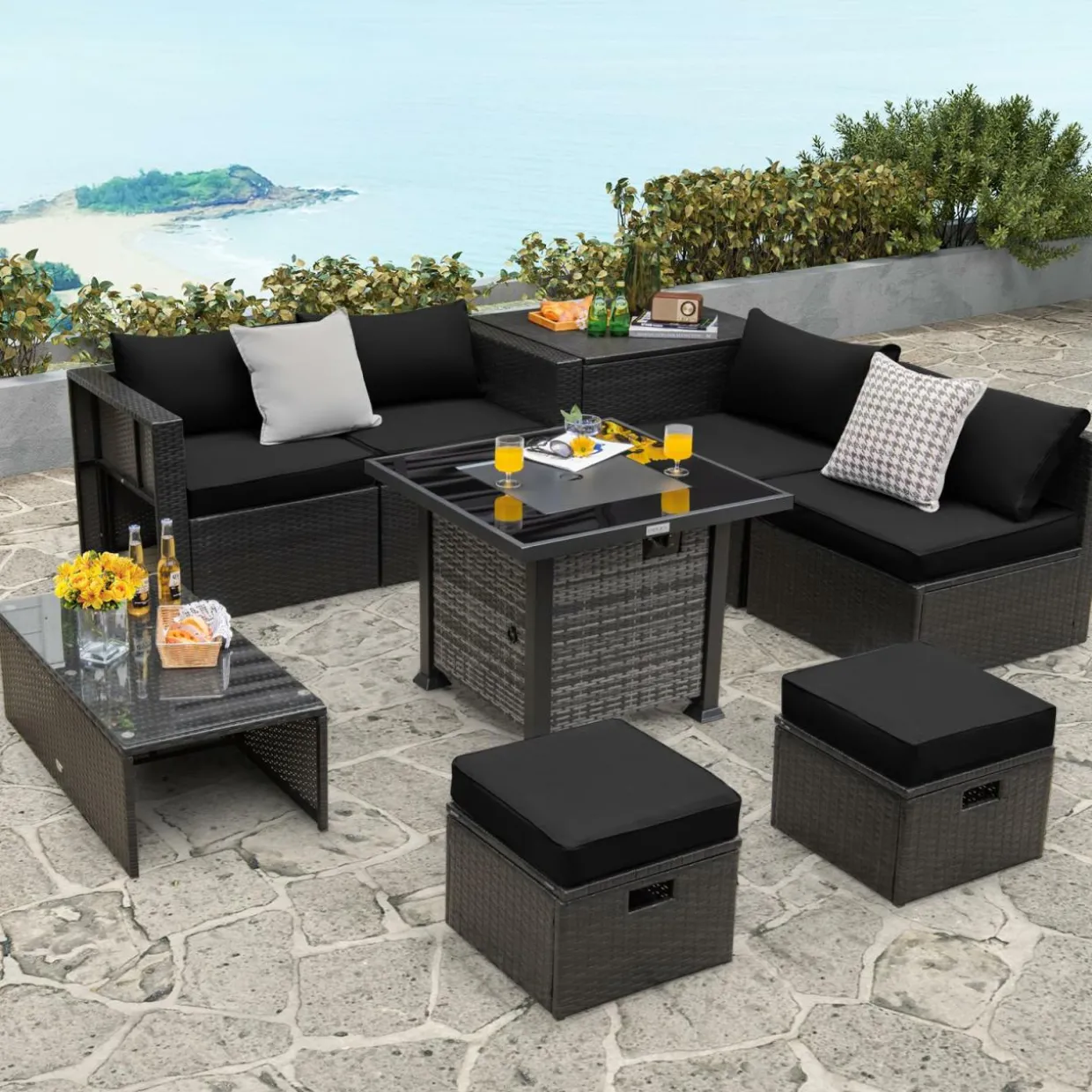 Tangkula 9 Pieces Patio Furniture Set with 50,000 BTU Propane Fire Pit Table