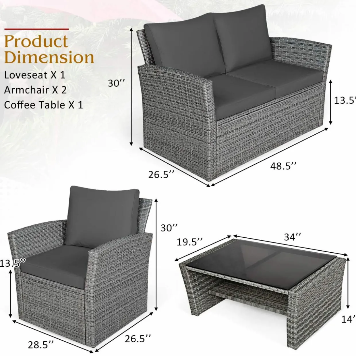 Tangkula 4 Pieces Patio Furniture Set, All Weather Outdoor Sectional Rattan Sofa Set