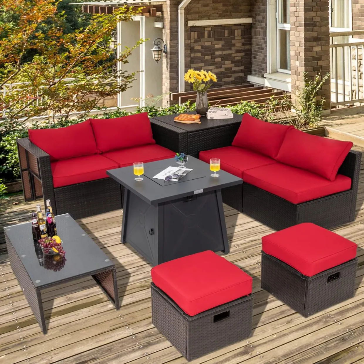 Tangkula 9 Pieces Patio Furniture Set with 30" Propane Fire Pit Table