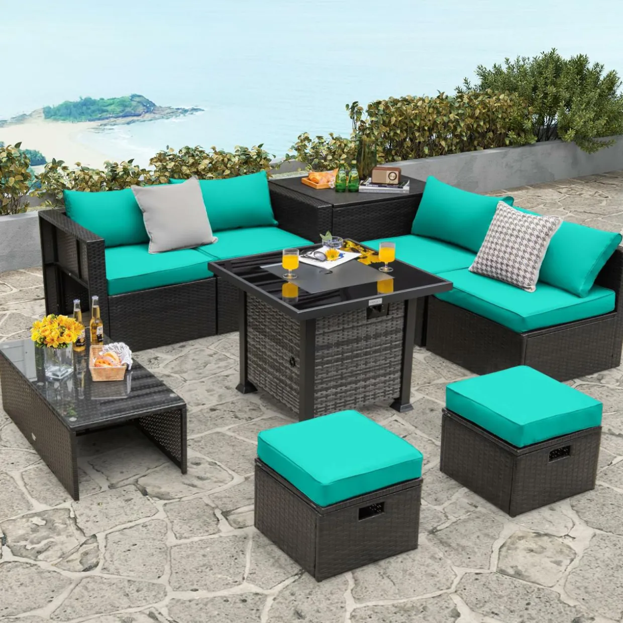 Tangkula 9 Pieces Patio Furniture Set with 50,000 BTU Propane Fire Pit Table