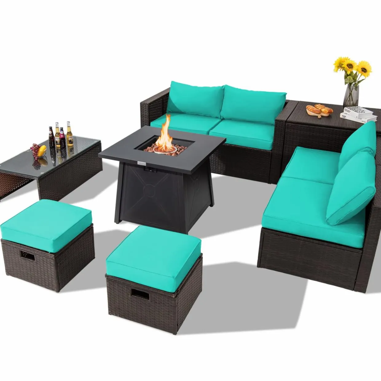 Tangkula 9 Pieces Patio Furniture Set with 30" Propane Fire Pit Table