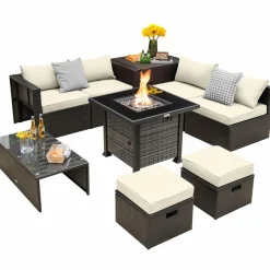 Tangkula 9 Pieces Patio Furniture Set with 50,000 BTU Propane Fire Pit Table