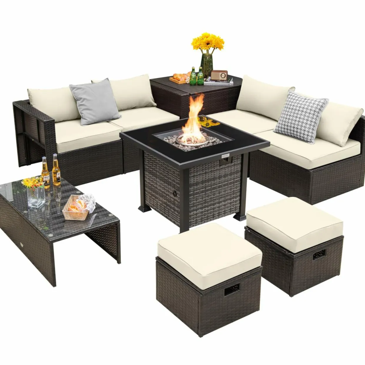 Tangkula 9 Pieces Patio Furniture Set with 50,000 BTU Propane Fire Pit Table