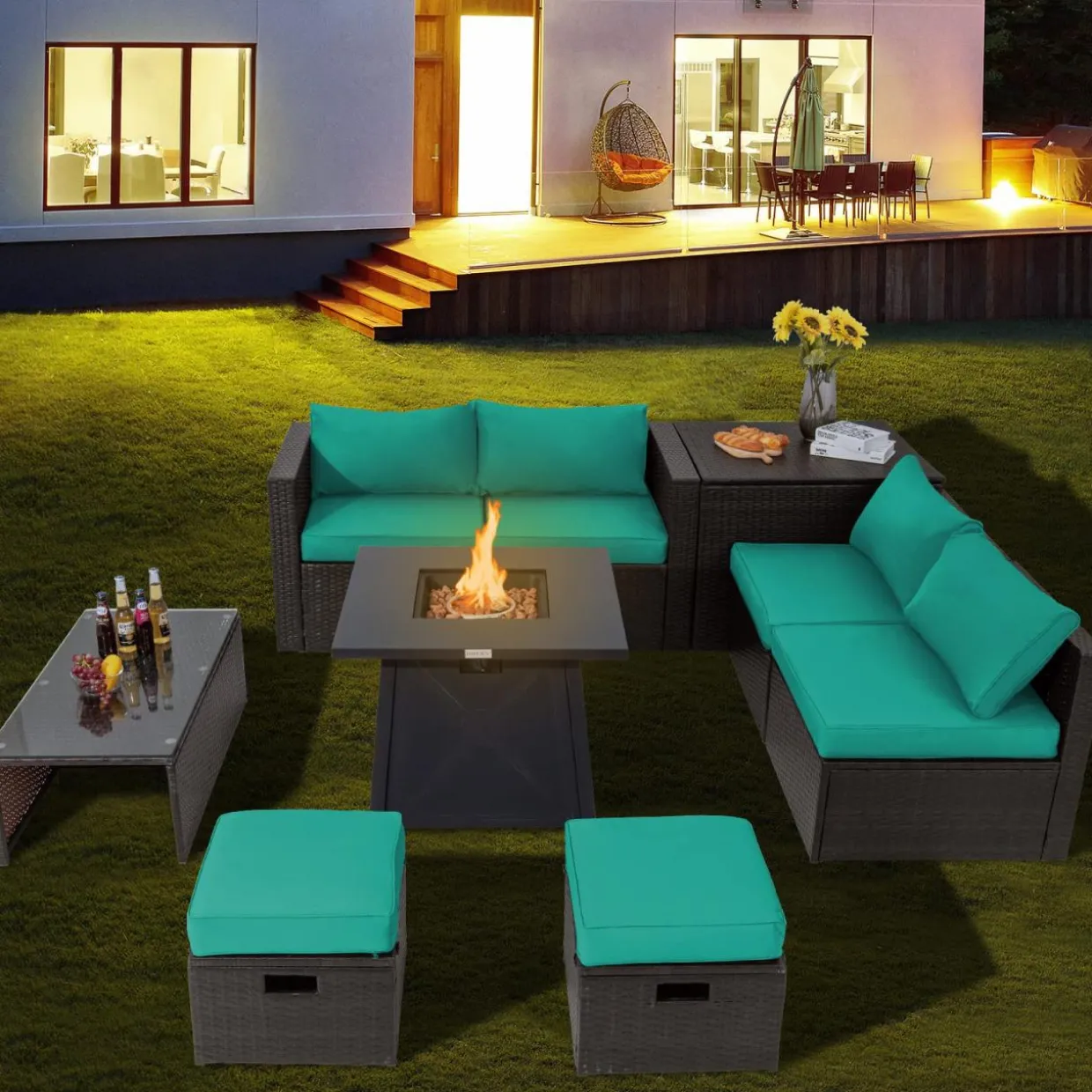 Tangkula 9 Pieces Patio Furniture Set with 30" Propane Fire Pit Table