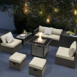 Tangkula 9 Pieces Patio Furniture Set with 50,000 BTU Propane Fire Pit Table