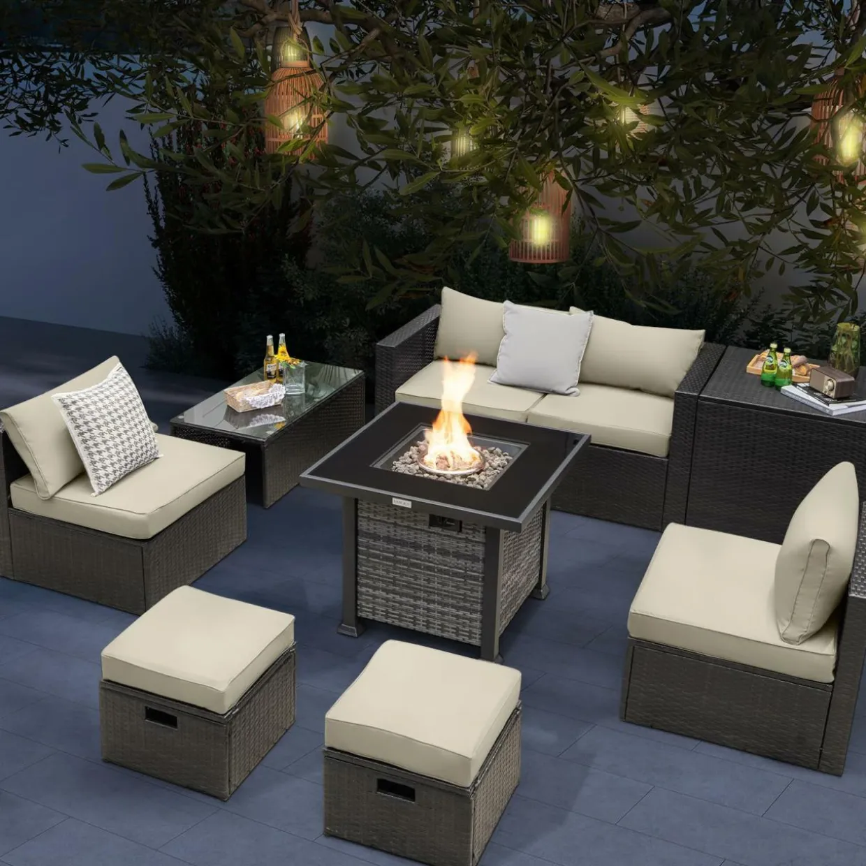 Tangkula 9 Pieces Patio Furniture Set with 50,000 BTU Propane Fire Pit Table