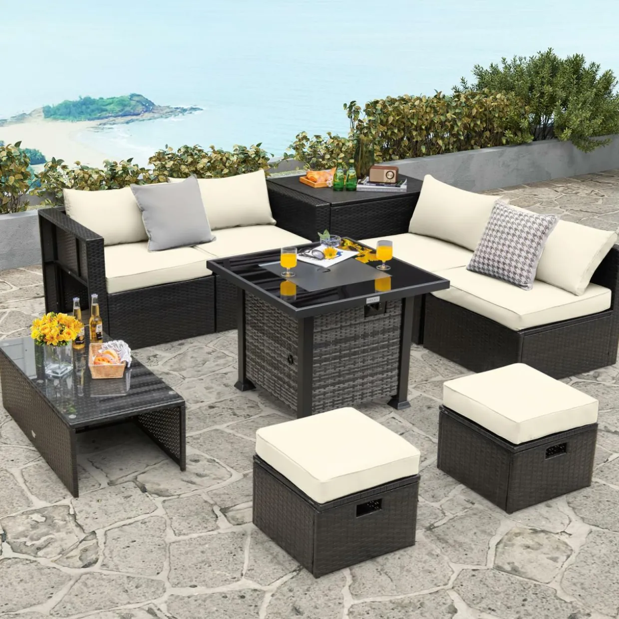 Tangkula 9 Pieces Patio Furniture Set with 50,000 BTU Propane Fire Pit Table