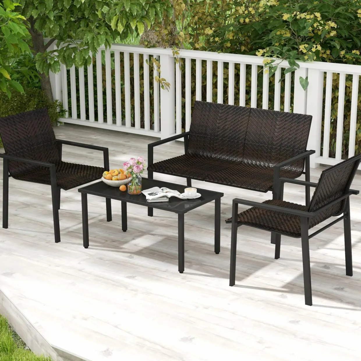Tangkula 4 Pieces Patio Furniture Set, Patiojoy Heavy Duty Galvanized Metal Frame Outdoor Wicker Table and Chairs Set