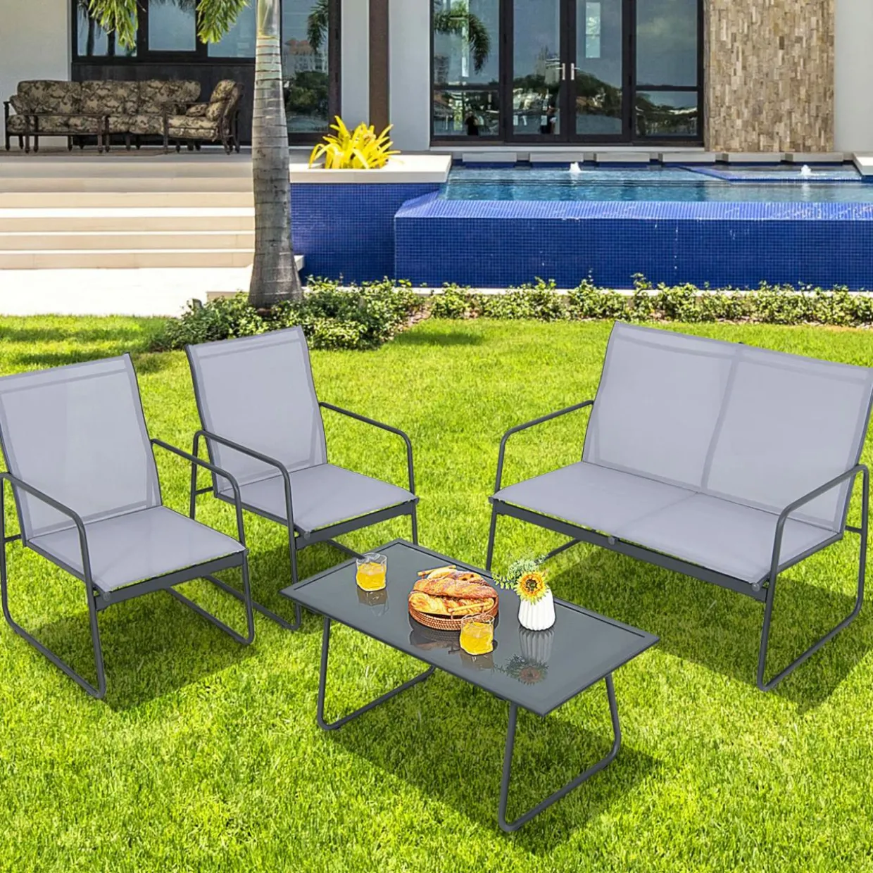 Tangkula 4 Pieces Patio Furniture Set with Tempered Glass Coffee Table (Gray)