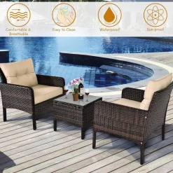 Tangkula 3 Pieces Patio Furniture Set Outdoor Rattan Wicker Coffee Table & Chairs Set with Seat Cushions