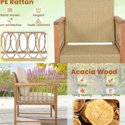 Tangkula 4 Pieces Patio Furniture Set, Outdoor PE Wicker Conversation Bistro Set with Acacia Wood Frame