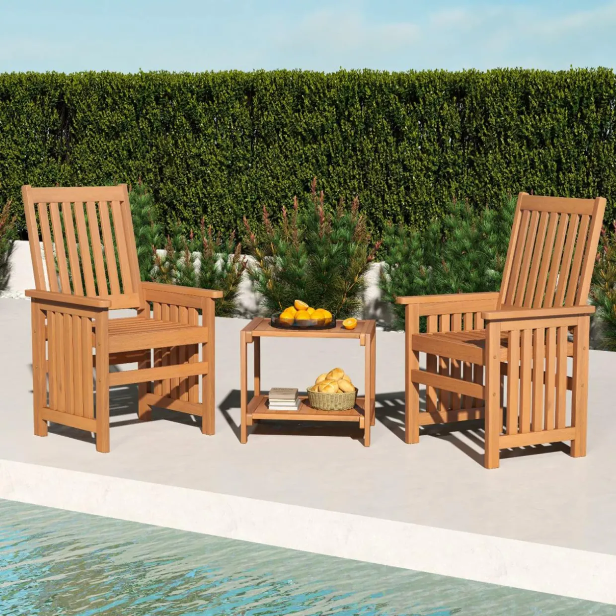 Tangkula 3 Pieces Patio Furniture Set with 1.5” Umbrella Hole, Hardwood Table and Chairs Set, for Porch, Backyard, Poolside