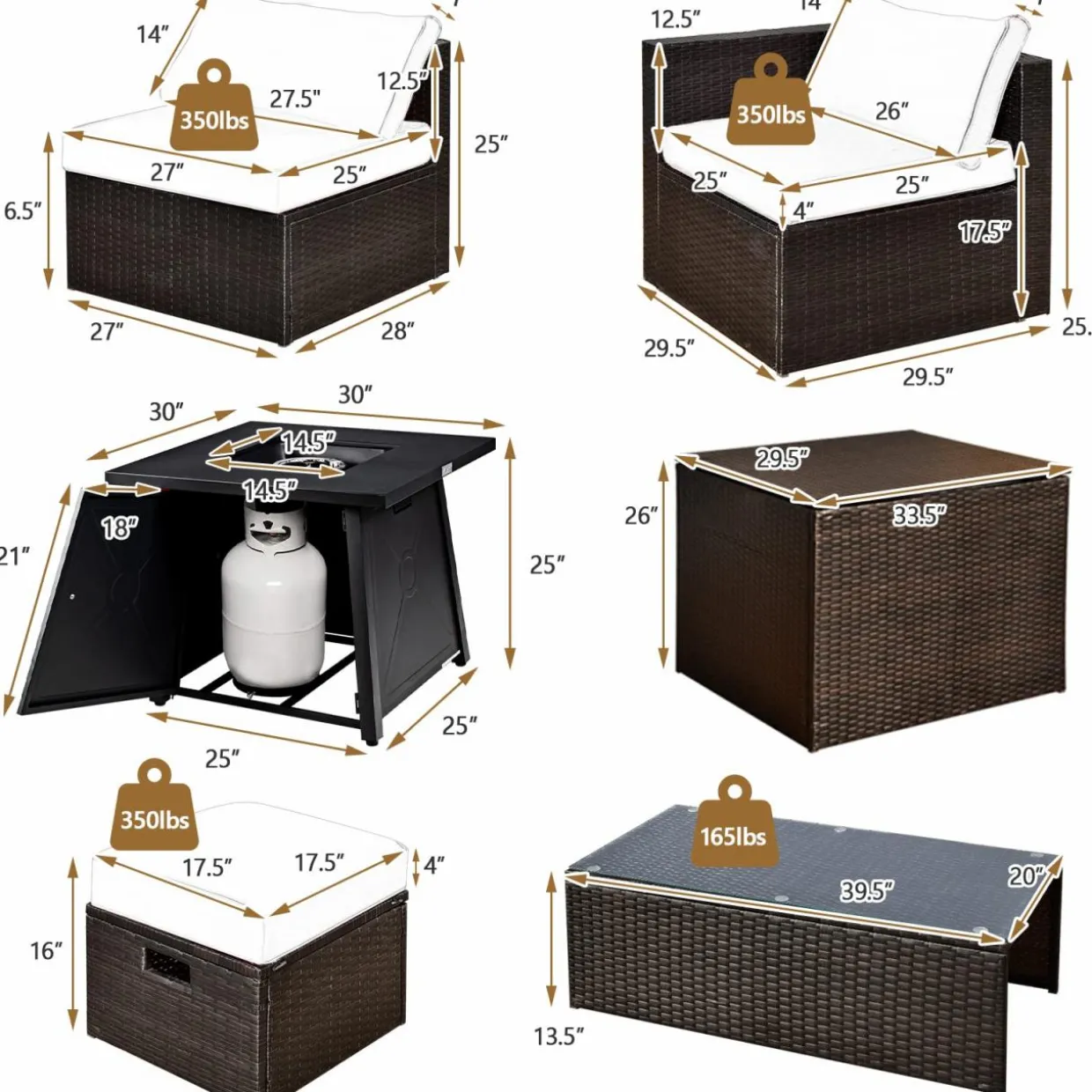 Tangkula 9 Pieces Patio Furniture Set with 30" Propane Fire Pit Table