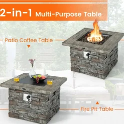 Tangkula 7 Pieces Patio Furniture Set with 50,000 BTU Fire Pit Table, Outdoor PE Wicker Conversation Sofa Set with Cushions