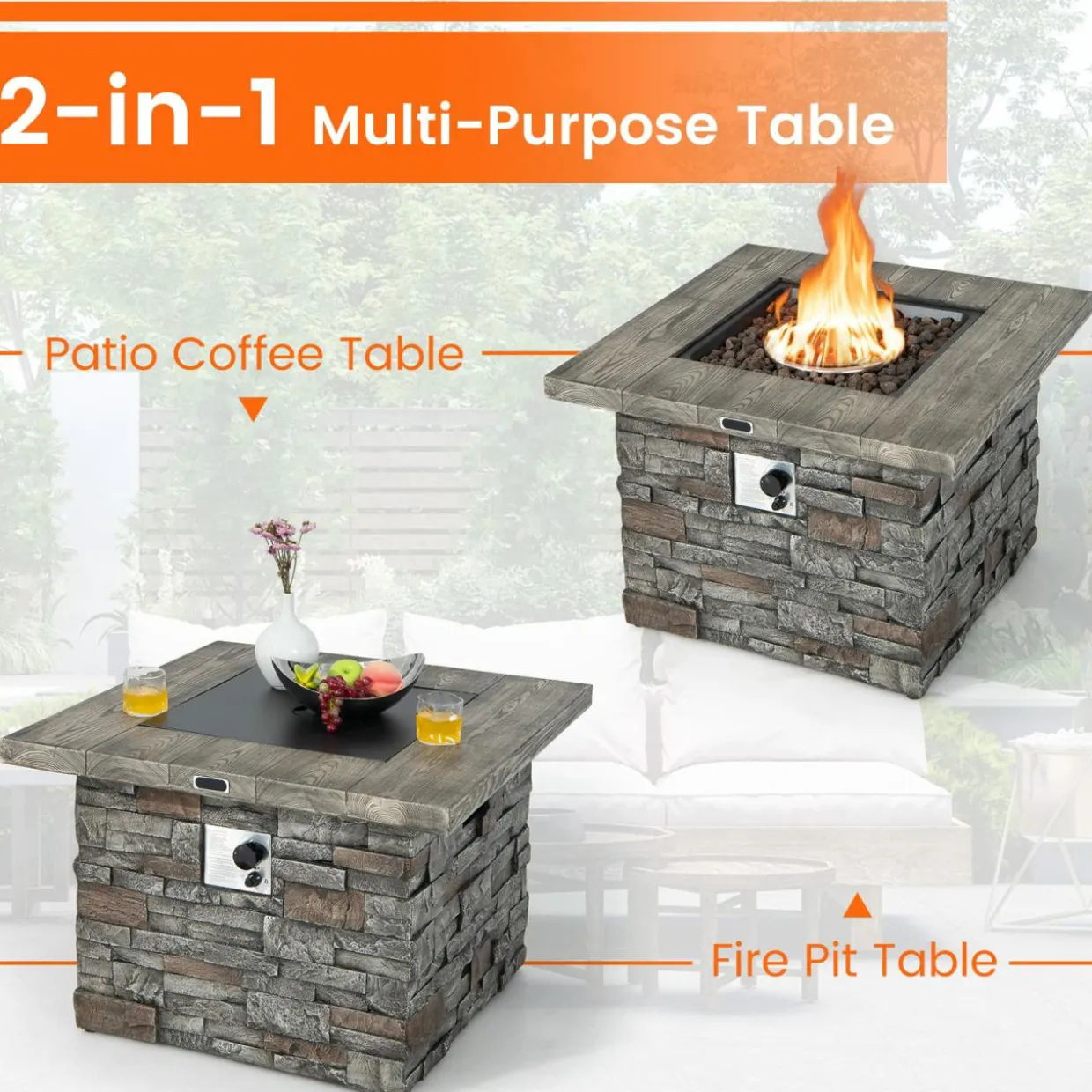 Tangkula 7 Pieces Patio Furniture Set with 50,000 BTU Fire Pit Table, Outdoor PE Wicker Conversation Sofa Set with Cushions