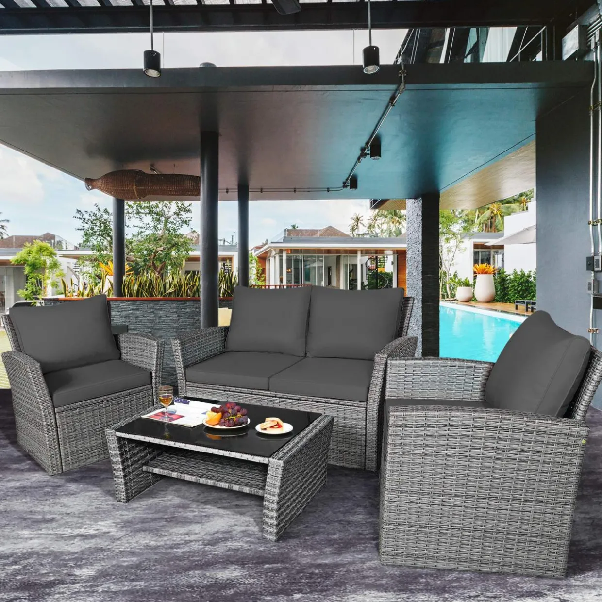 Tangkula 4 Pieces Patio Furniture Set, All Weather Outdoor Sectional Rattan Sofa Set