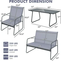 Tangkula 4 Pieces Patio Furniture Set with Tempered Glass Coffee Table (Gray)