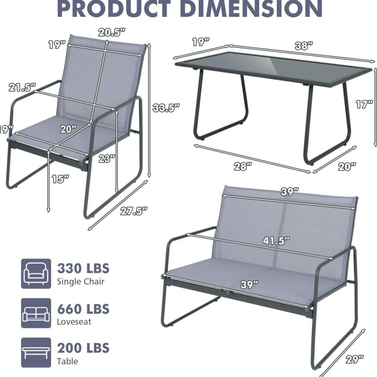 Tangkula 4 Pieces Patio Furniture Set with Tempered Glass Coffee Table (Gray)