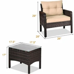 Tangkula 3 Pieces Patio Furniture Set Outdoor Rattan Wicker Coffee Table & Chairs Set with Seat Cushions
