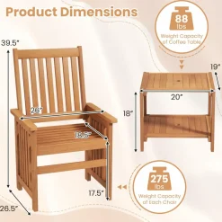 Tangkula 3 Pieces Patio Furniture Set with 1.5” Umbrella Hole, Hardwood Table and Chairs Set, for Porch, Backyard, Poolside