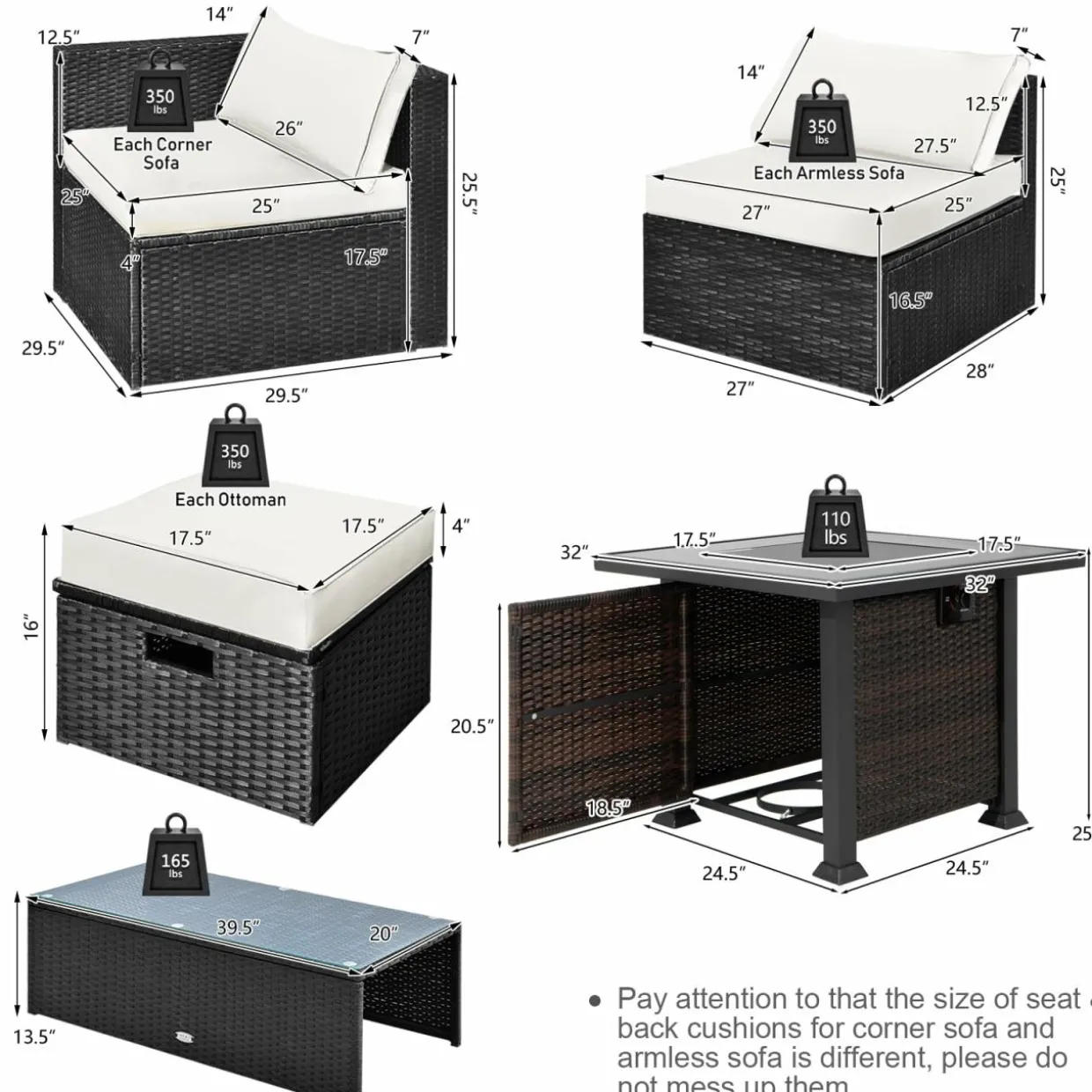 Tangkula 9 Pieces Patio Furniture Set with 32” Fire Pit Table, 50,000 BTU Square Propane Fire Pit