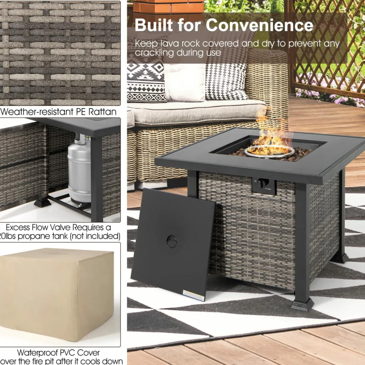 Tangkula 9 Pieces Patio Furniture Set with 50,000 BTU Propane Fire Pit Table