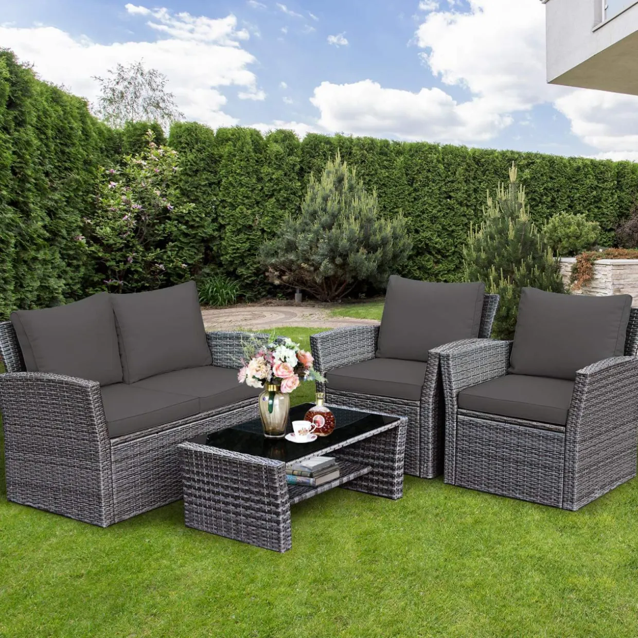 Tangkula 4 Pieces Patio Furniture Set, All Weather Outdoor Sectional Rattan Sofa Set