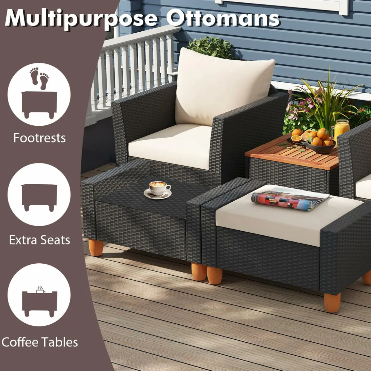 Tangkula 5 Pieces Patio Furniture Set, PE Rattan Chairs with Storage Table