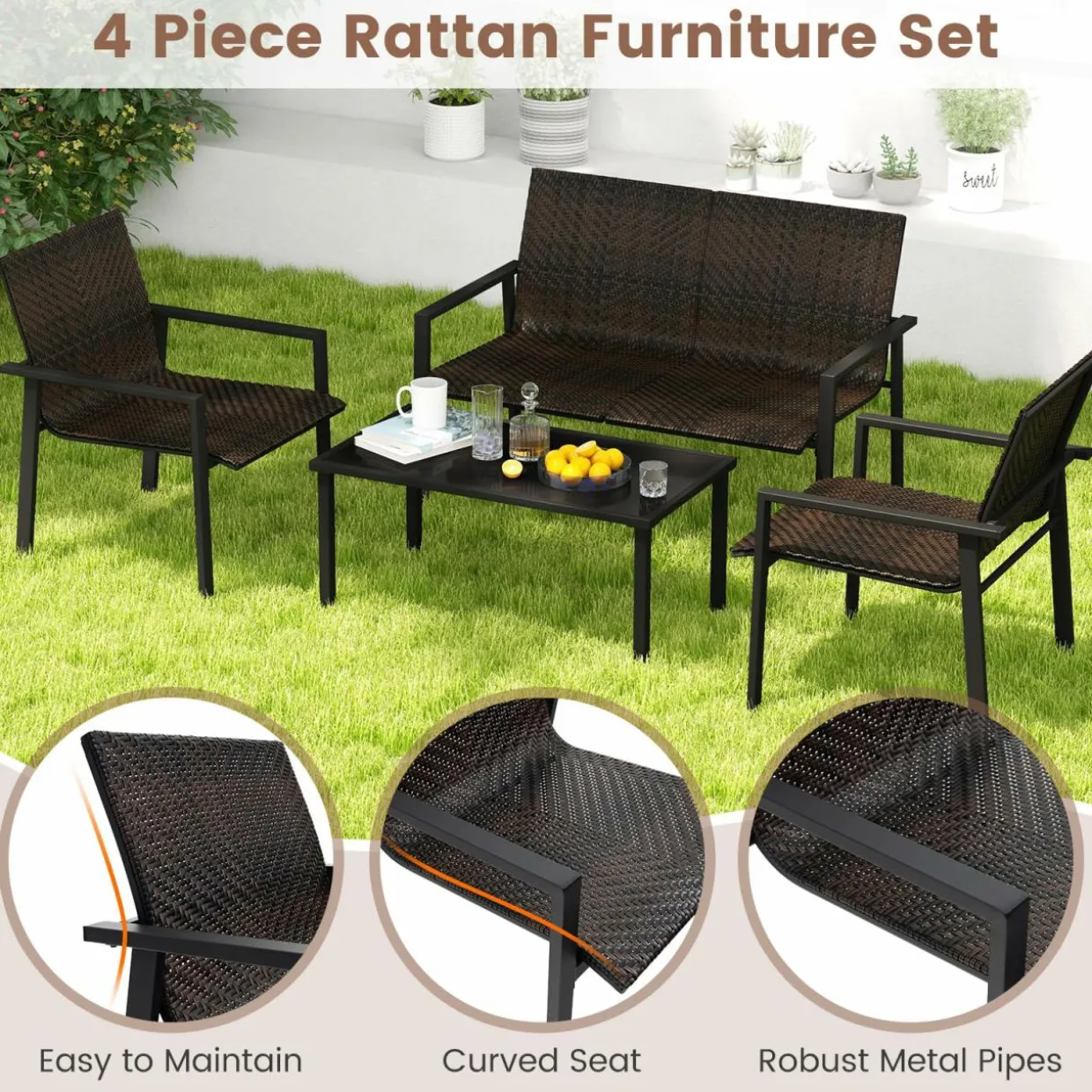 Tangkula 4 Pieces Patio Furniture Set, Patiojoy Heavy Duty Galvanized Metal Frame Outdoor Wicker Table and Chairs Set